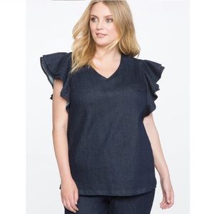 Eloquii Denim Ruffle Short Sleeve Blouse